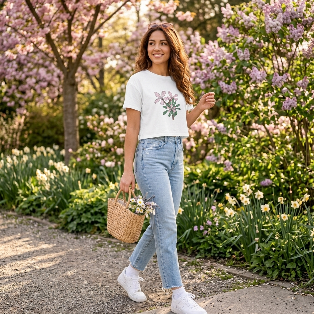 Pink Botanical Floral Sketch Crop Tee | Minimal Flower Illustration, Spring Top