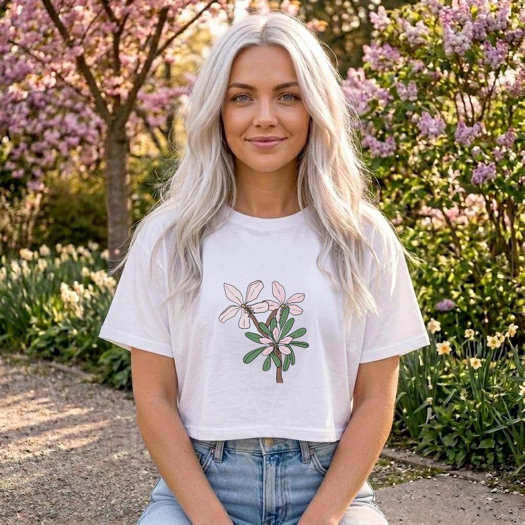 Pink Botanical Floral Sketch Crop Tee | Minimal Flower Illustration, Spring Top